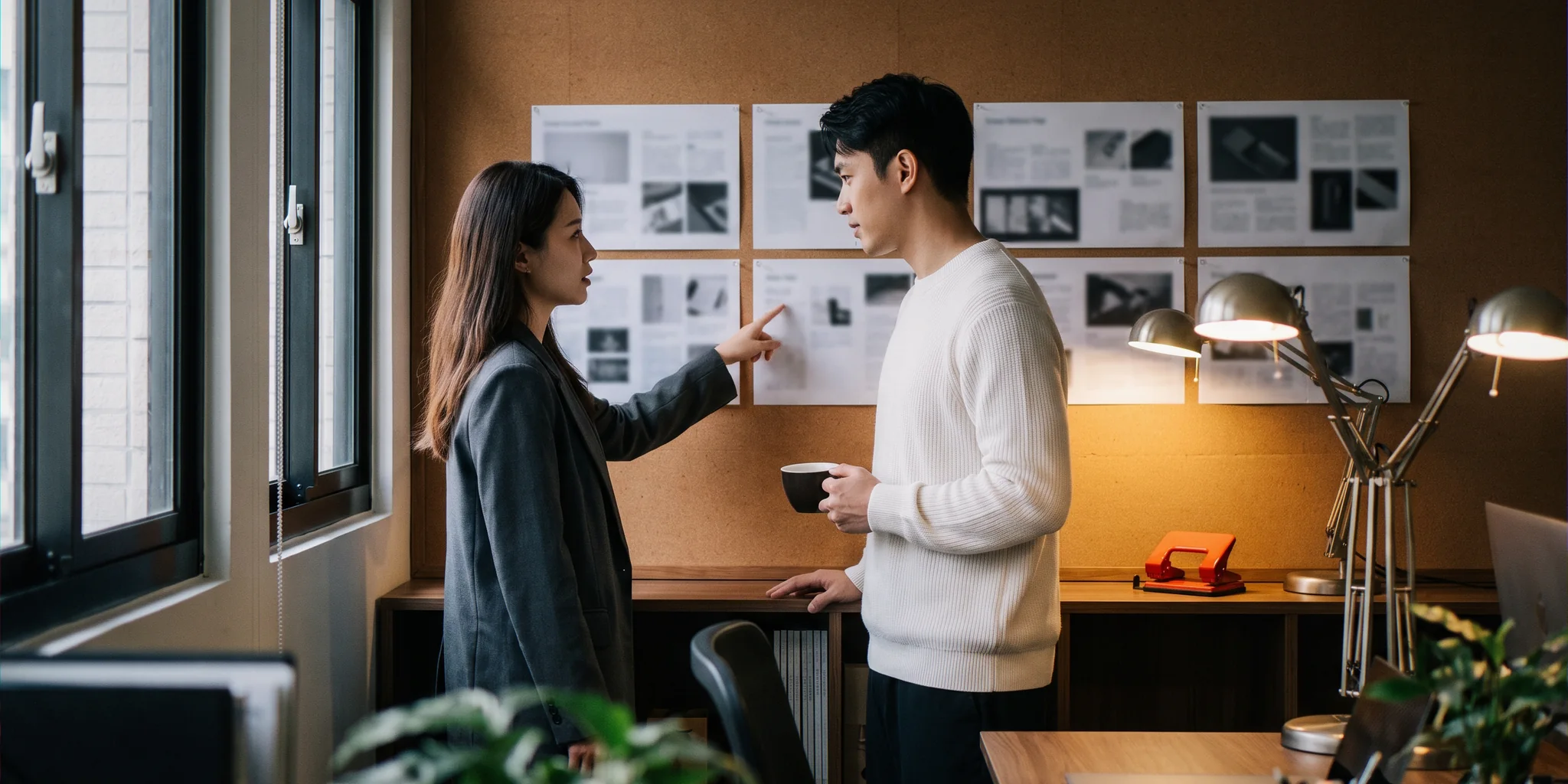 Two colleagues discussing printed page layouts pinned to a wall