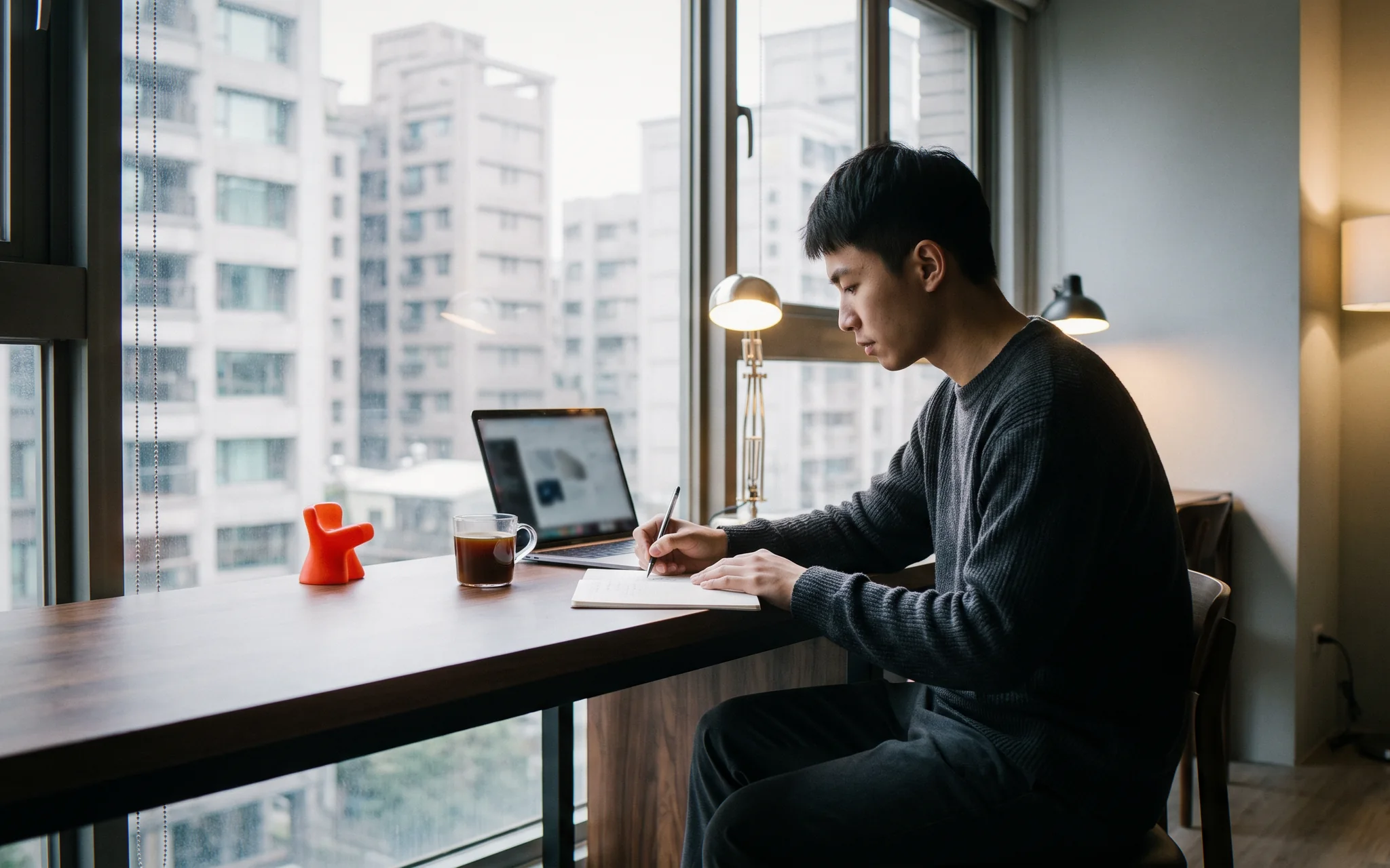 A writer drafting in a notebook at a window desk