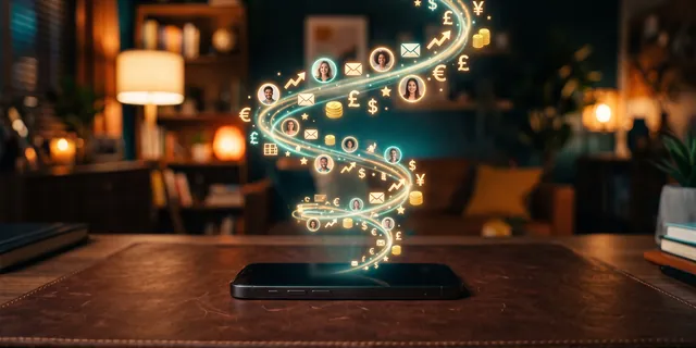 A spiral of lit icons rising off a phone screen into a warm dark room