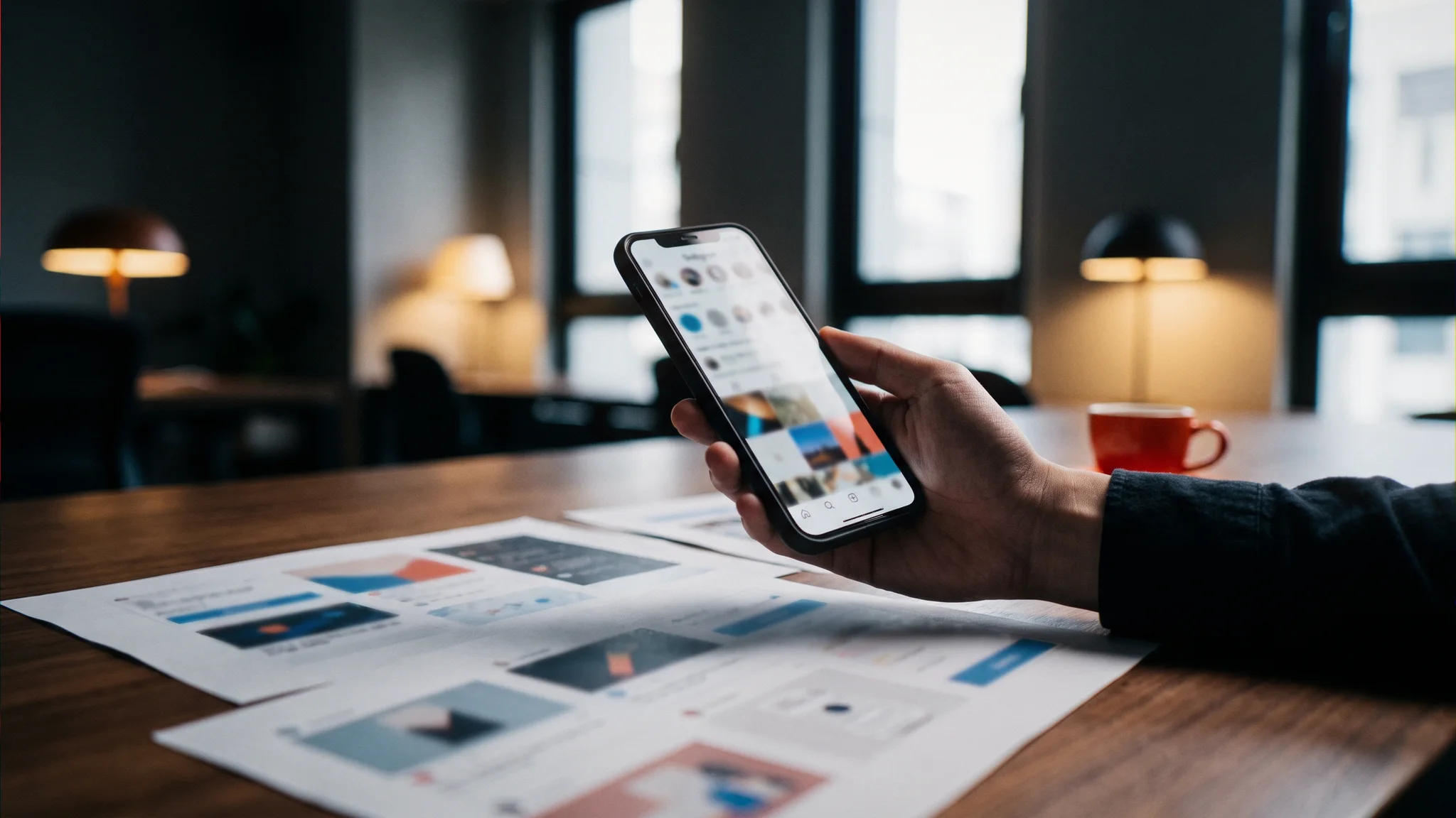 Illustration: A smartphone showing a social feed next to printed post drafts